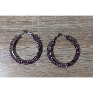 Pink Rhinestone Hoop Earrings Sparkly Silver Tone 2" Round Fashion Jewelry